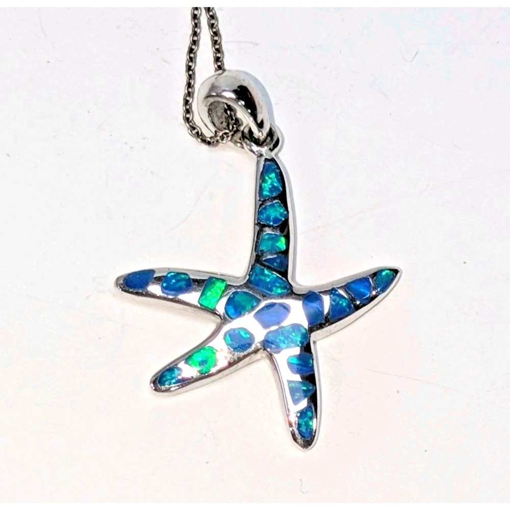 925 Sterling Silver Starfish Pendant Blue Green Opal Inlay Necklace Italy
